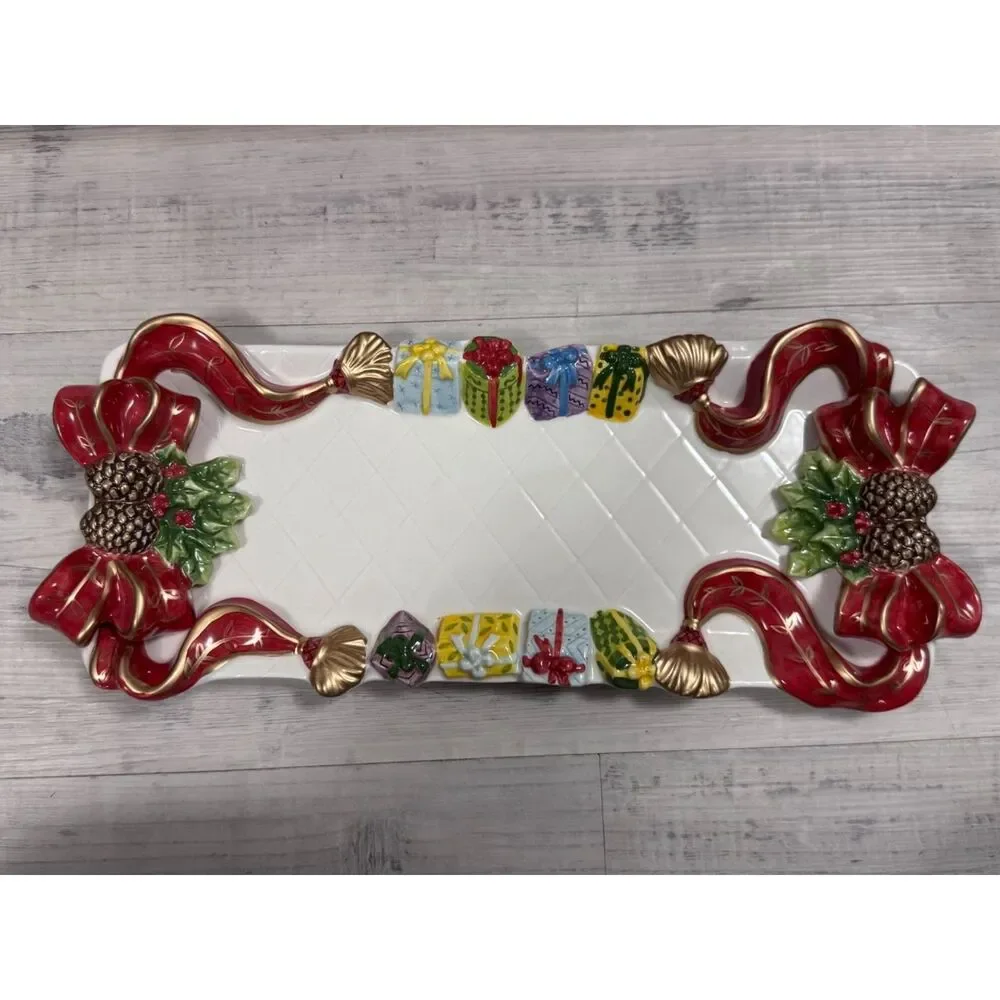 VTG‎ JCPenney Home Collection Holiday Ribbon Decorative Ceramic Tray NIB